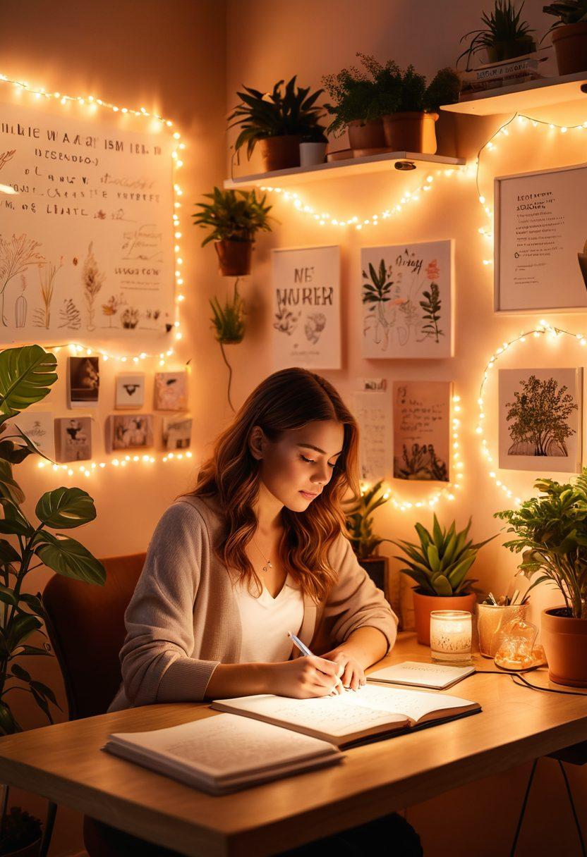A cozy home office space illuminated by various unique mood lighting options including fairy lights, soft neon colors, and stylish table lamps. A person sits at a desk writing, surrounded by plants and inspirational quotes on the wall. The warm glow enhances the inviting atmosphere, showcasing creativity and productivity. super-realistic. warm hues. soft focus.