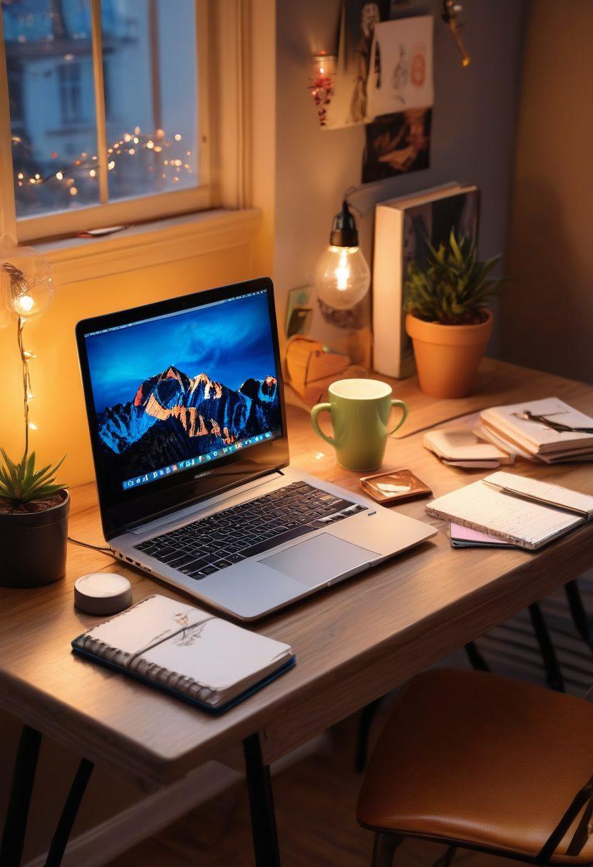 A beautifully designed workspace featuring a stylish desk with a laptop surrounded by warm mood lighting, such as fairy lights and a glowing lamp. Include a cup of coffee, colorful stationery, and an open notebook with creative sketches. Background should be a cozy, inviting atmosphere with soft textures and rich colors. super-realistic. cozy ambiance. warm lighting.